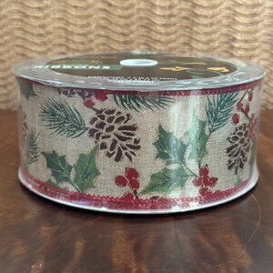 NEW Members Mark Pinecone Holly Berries Ribbon 2.5" W X 50 Yards Wired Edge